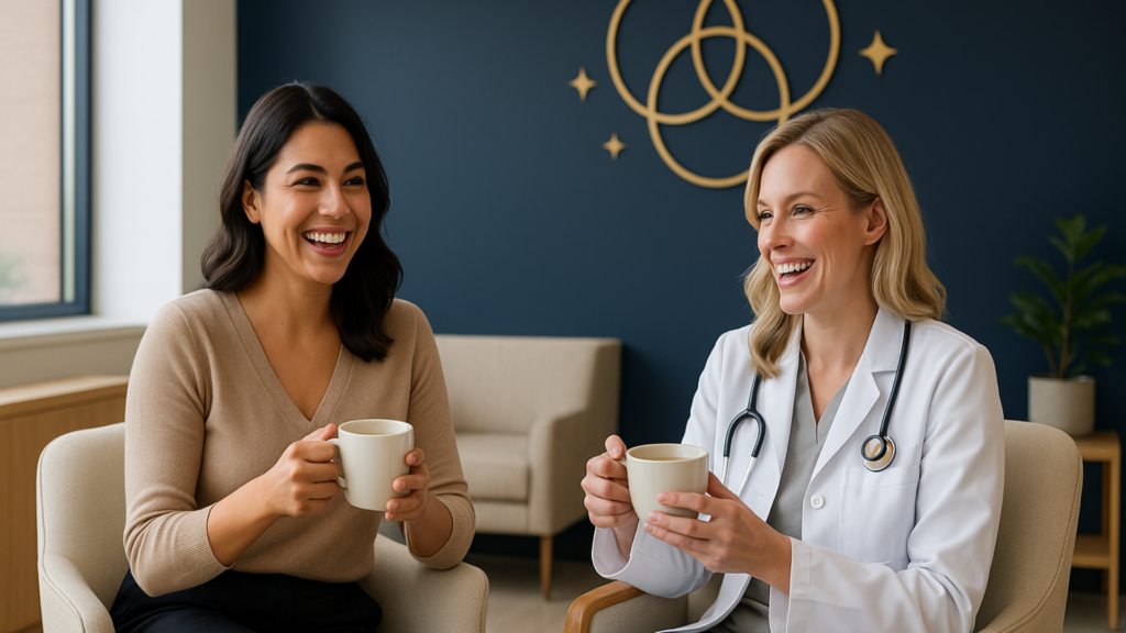 Médica e secretaria tomando chá
